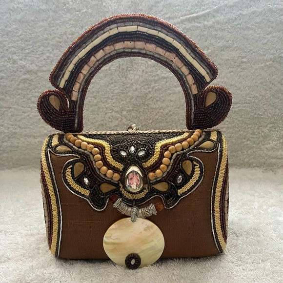 Mary Frances Handbags - EUVC MARY FRANCES Brown Silk Shantung Bag With A Hard Beaded Handle.